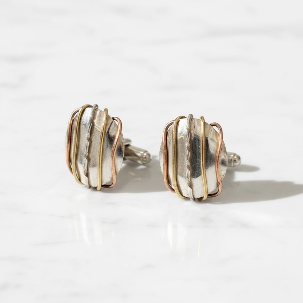 Steven James Vintage Sterling Silver Gold Plate and Copper Earrings Clip-On